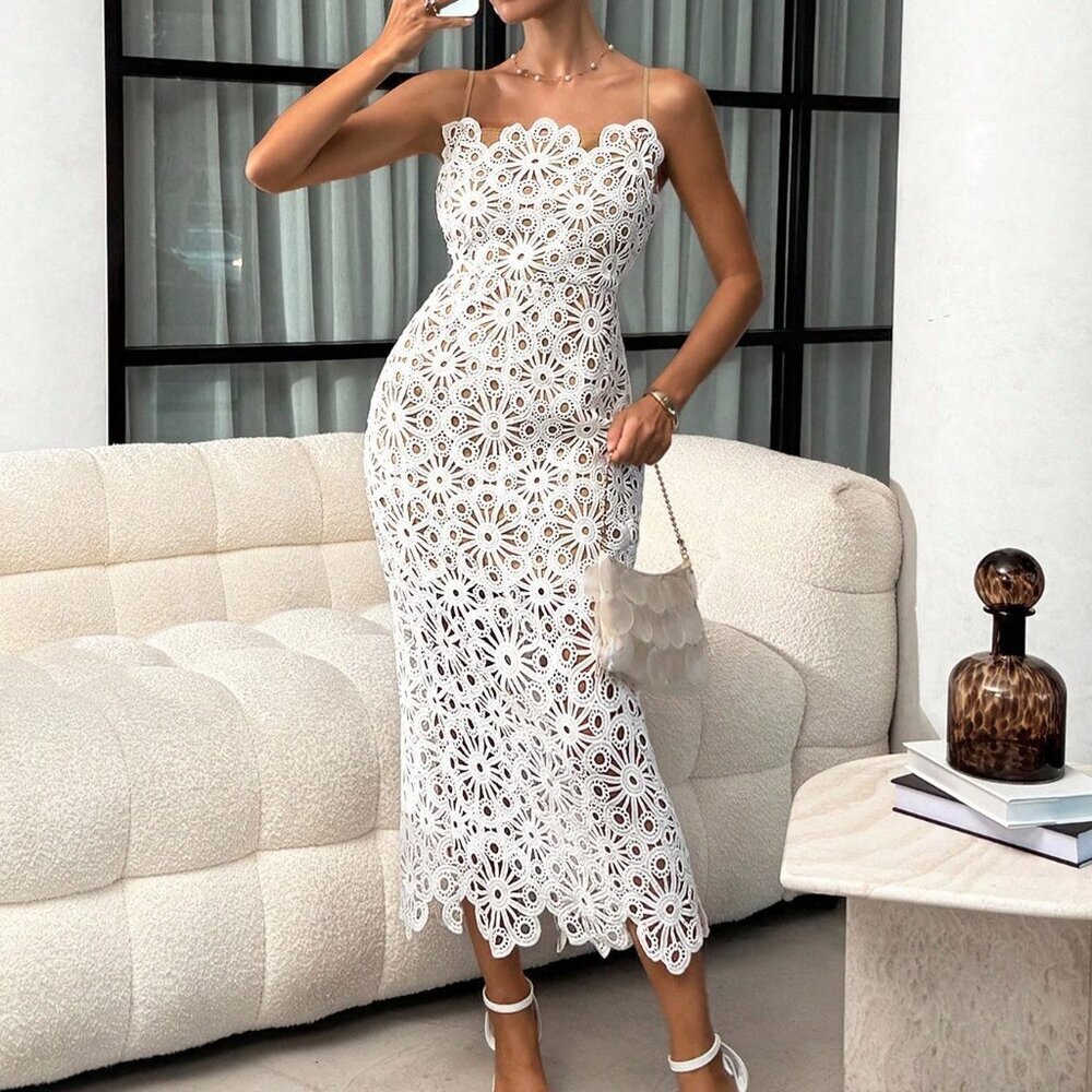 White Elegant Women's Asymmetrical Lace Cutout Camisole Watercolor Midi Dress - Picture 5 of 6
